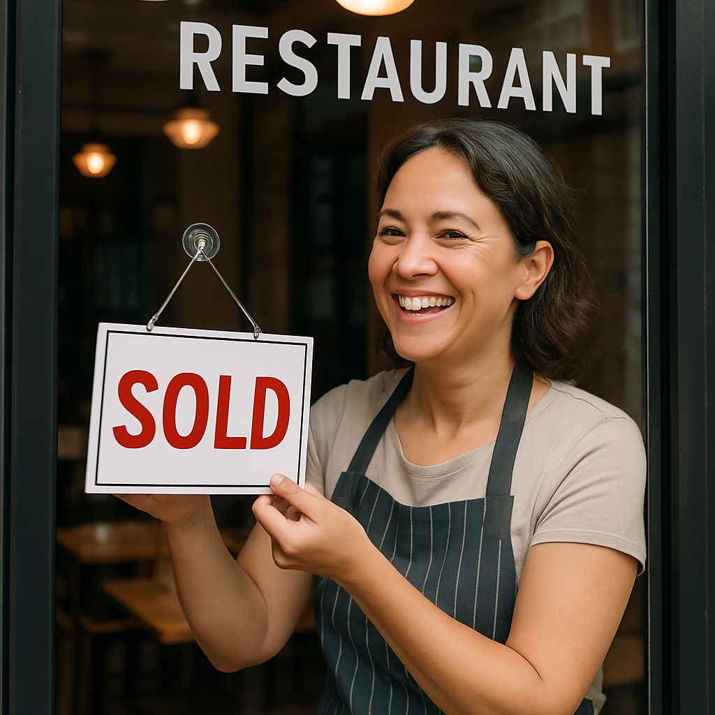 Lady Restaurant owner smiling turning over a sold sign in her restaurant window-1
