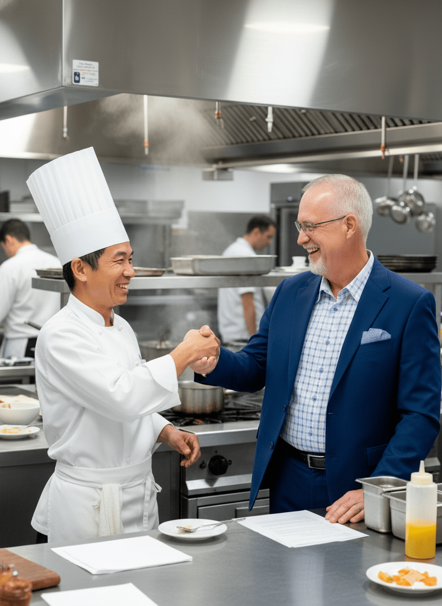 Jim Pate with a chef in a restaurant